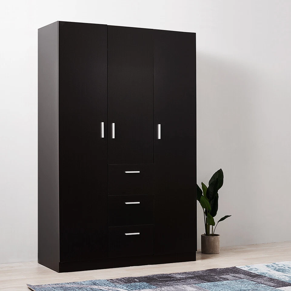 PANANA 3 Door triple Wardrobe 3 Drawers Black - Bedroom Furniture Storage Cupboard