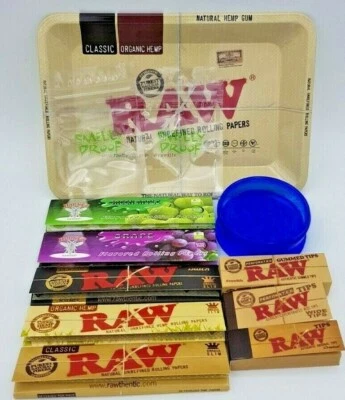 Raw Small Mini Rolling Tray Kit Gift Set Flavour Classic Papers Grinder Tips