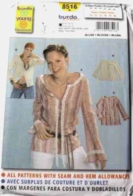 Burda 8516 Young Misses Boho Hippie Top 10-12-14-16-18-20 Sewing Pattern - Image 1 of 2