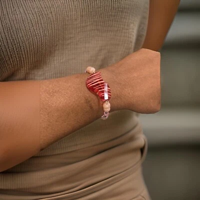 Red semitransparent fuchsia, white acrylic, pink pearl women's handmade bracelet - Image 1 of 4