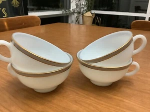 VINTAGE PYREX COFFEE CUPS 1950’s WHITE CUP WITH GRAY AND GOLD TRIM / SET OF 4 - Picture 1 of 9