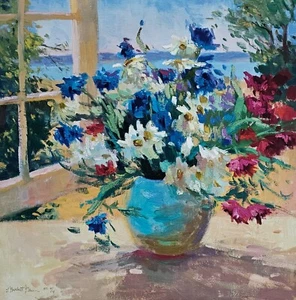 Sharon Burkett Kaiser Daises and Pansies HAND SIGNED 4/4 on canvas floral art - Picture 1 of 8