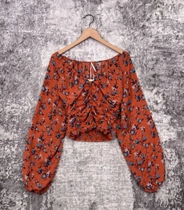 New Free People Top Small Womens Orange Floral Long Sleeve Ruched Crop Blouse - Picture 1 of 8
