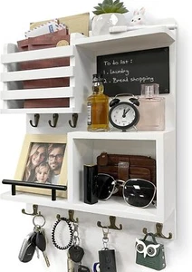 Key Holder for Wall Mail Organizer with 7 Metal Hooks and Wallet White - Picture 1 of 7