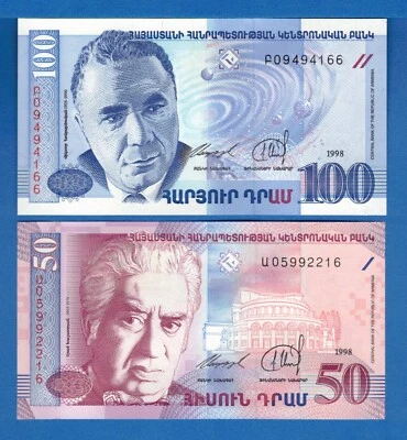 Armenia Set #1 P-41 y P-42 50 y 100 Dram Año 1998 Unc Billetes Envío Gratis Foto 1 de 3
