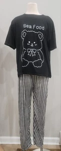 Conjunto de 2 piezas de ropa para dormir para mujer = top y pantalones capri de cuello redondo/negro - Imagen 1 de 2