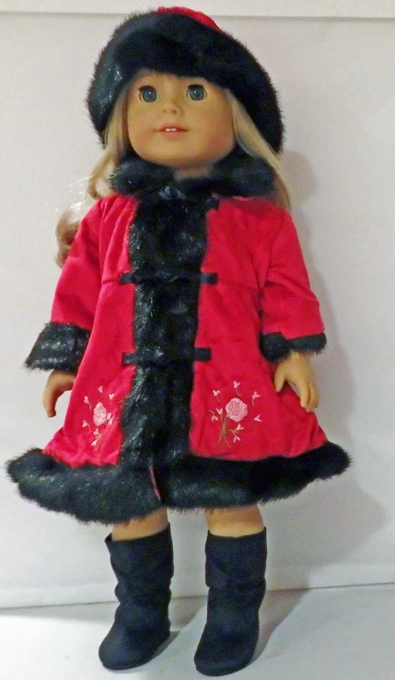 Red Floral Embroidered Coat & Hat with Faux Fur Trim Fits 18" American Girl Doll - Image 1 of 1