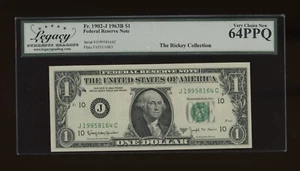 DBR 1963-B $1 FRN Kansas City Barr Fr. 1902-J Legacy 64 PPQ Serial J19958164C - Picture 1 of 2