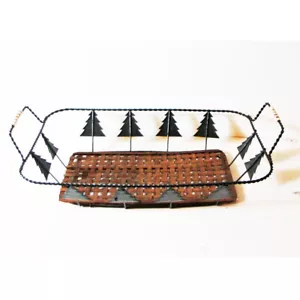 Pine Tree Basket Woven Bottom Woven Wire Handles 14"Long 9-3/4"Wide 3" High - Picture 1 of 11