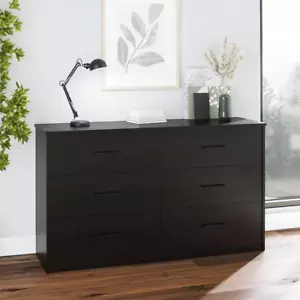 New 6-Drawer Dresser Black Oak 54" Wide Bedroom Storage Chest Modern Furniture - Picture 1 of 12