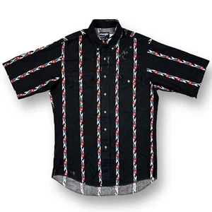 Vintage 80s Wrangler Brushpopper Black Aztec Striped Western Shirt Size 15.5 USA - Picture 1 of 7