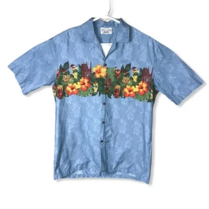 Nice Pacific Legend Hawaiian Shirt Tropical Tiki Drinks Flowers Blue Size L - Picture 1 of 5