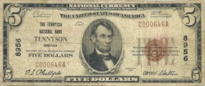 1929 $5 NATIONAL ~ TENNYSON, INDIANA ~ WARRICK COUNTY ~ SCARCE - Image 1 of 3