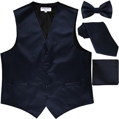 New Men's Tuxedo Vest Waistcoat & necktie & Bow tie & Hankie navy blue formal - Image 1 of 4