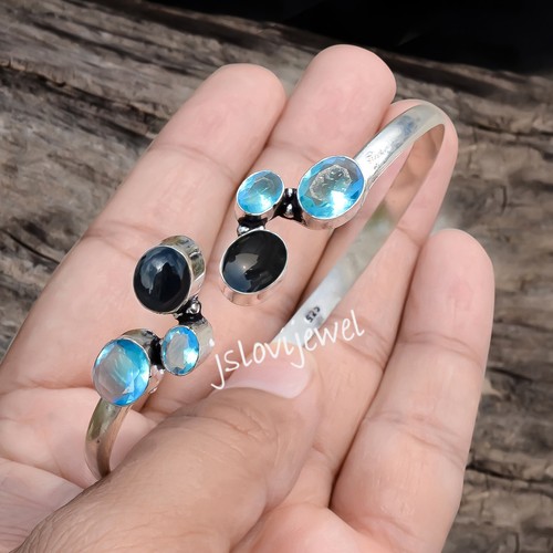 VALENTINO Bracciale in argento sterling 925 con topazio blu svizzero e pietra preziosa onice nera per bambina