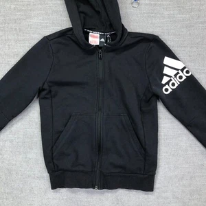 Adidas Hoodie Boys M 11 12 Black Full Zip Sweatshirt Sleeve Logo Athletic Track - Picture 1 of 9