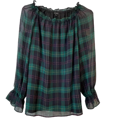 Talbots Black Watch Plaid Blouse Women S Stretch Ruffled Neck and Sleeve Bottom - Image 1 of 4