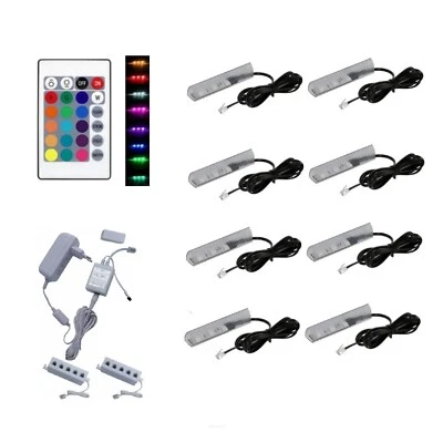 QLS LED RGB 8 Stück Set Glasbodenbeleuchtung Clip 12V Fernbedienung 16 Farben - Bild 1 von 4