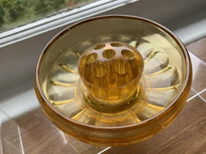 Vintage Amber  Glass Bowl Vase & 7 hole Flower Frog Made in England ART DECO - Picture 1 of 9