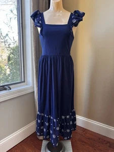 J Crew dunkelblau Flatterärmel weiß bestickt Midikleid Größe Small - Bild 1 von 4