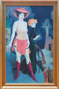 Seductive woman w friend on balcony original oil painting by Mark Furman Israel - Picture 1 of 2