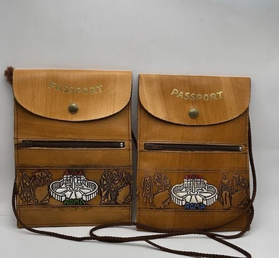 Vtg Pair ITALIAN Passport Holder Leather ROMA Neck Pouches  Travel String Purse - Image 1 of 4