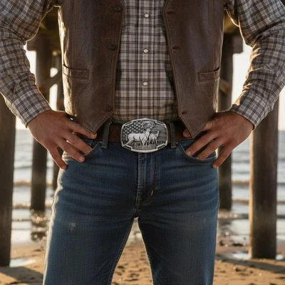 Uomo Metallo Argento Cowboy Cintura Fibbia Cervo Natura Hunter Western Moda - Immagine 1 di 4