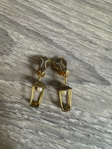Vintage Spanische Damaszener Emaille Ohrringe Faux? pearls golden dangle Bin C - Bild 1 von 2
