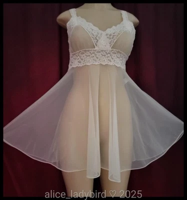 TWIRLY Vintage MISS ELAINE Babydoll GOWN Silky SHEER Chiffon Slip Dress Lace Top - Image 1 of 4