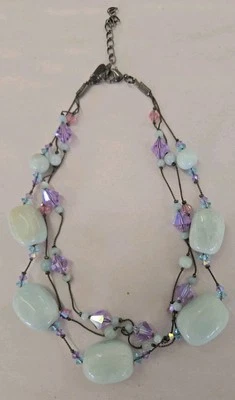Dabby Reid 3 Strand Statement Necklace W Aurora Borealis Pink Chalcedony Stones - Image 1 of 4