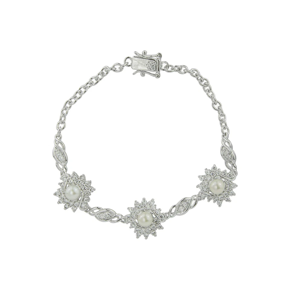 Gold Coast Platinum Plated Freshwater Pearl and Sunburst Cubic Zirconia Bracelet - Image 1 of 4