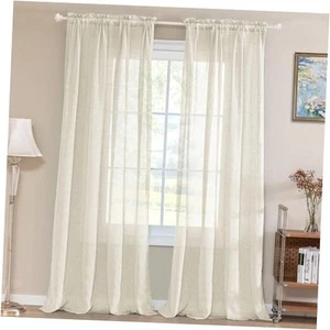 Natural Linen Blended Window Curtain Panels Semi Sheer Curtains 84 Inches - Picture 1 of 7