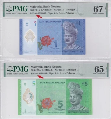 Mazuma GN951 PMG Malaysia Zeti 12th $1 & $5 AA0088885 First Prefix MS67 & 65EPQ - Image 1 of 2