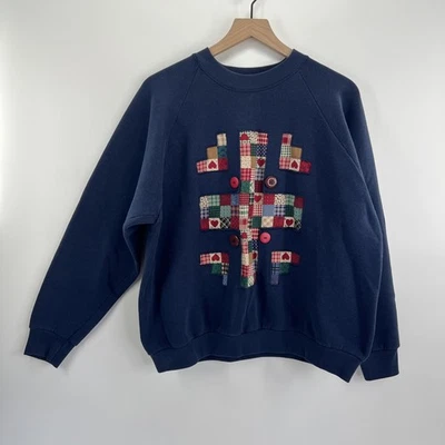 Vintage Patchwork Sweatshirt XL Navy Heart Cottage Country 90s Fruit of the Loom - Image 1 of 4