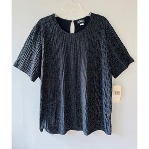 Erena Plus Sz 2X Black Pullover Shiny Blouse Textured Short Sleeves Side Slits - Picture 1 of 9