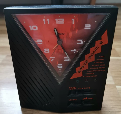 VINTAGE 90'S CASIO TCA-85 SPACE SONIC 8 ALARM CLOCK BLACK, 8 ALARM SOUNDS Cover