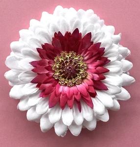 4.5" Pink & White Gerbera Daisy Silk Flower BROOCH Pin Rhinestone Cabochon - Picture 1 of 3