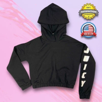 Juicy Couture Girls Size 8 Black Pullover Track Hoodie Logo Sleeve French Terry - Image 1 of 4