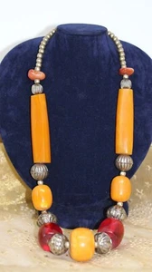 FUNKY BOHO 1960s MOROCCO BERBER AFRICAN AMBER RESIN & METAL BEAD NECKLACE - Picture 1 of 20