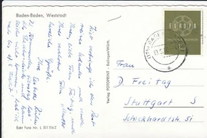 BRD - Mi 320 - EF - Postkarte - Stempel 19.960 Baden Baden - nach Stuttgart - Bild 1 von 2