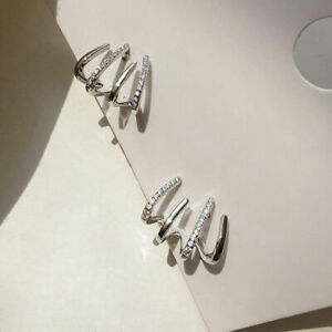 Shiny Crystal Claw Earrings Cuff for Women 925 Silver Needle Ear Piercing Studs