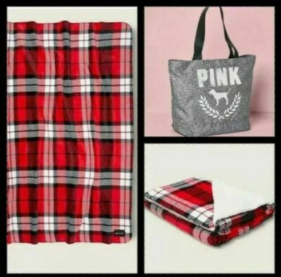 Victoria’s Secret Pink PLAID SHERPA BLANKET THROW 50”x 60” & BAG GRAY TOTE - NEW - Image 1 of 4