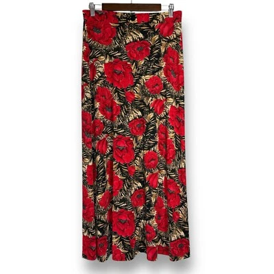 Vintage Y2K Maxi Skirt L Red Floral Tiger Animal Print Slinky Stretch Pull On - Image 1 of 4