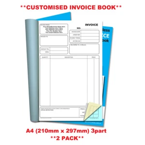 **PERSONALISED** NCR Invoice Triplicate Book A4 (210mm x 297mm) 2 PACK - Imagen 1 de 5
