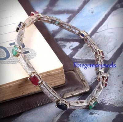 Natural Ruby Sapphire Emerald stones 925 Sterling Silver Bracelet for women's #3 - Image 1 of 4