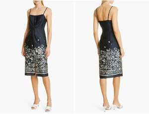 Donna Karan New York Floral Sleeveless Satin Navy Slip Dress - Picture 1 of 8