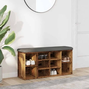 Old Wood Shoe Bench 102x32x50 cm Engineered Wood with Dark Grey Cushion - Picture 1 of 5