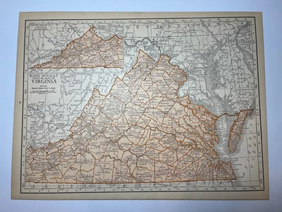 1925 "Copper" VIRGINIA State Map fm 1925 Rand-McNally Atlas SEE DESCRIP - Image 1 of 3