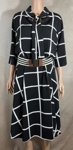 Ashley Stewart Black and White Grid Pattern Midi dress Tie neck sz 18/20 - Picture 1 of 5