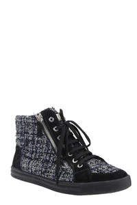 Chanel Womens Tweed Suede Trim High Top Lace Up Sneakers Blue Black Size 9.5 - Picture 1 of 9